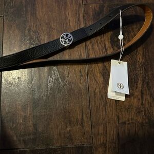 Tory Burch Black Leather Belt with Silver Logo
